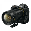 Nikon DSLR camera with a large zoom lens mounted, shown from the front-left.