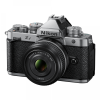 Nikon Z f mirrorless camera with a 40mm lens attached, silver top and black textured body.