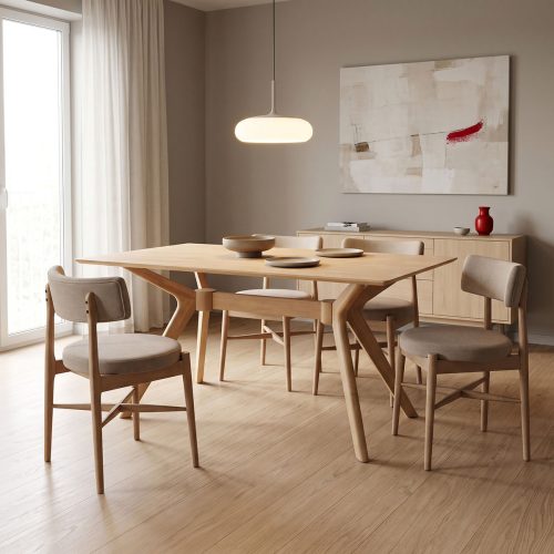 Τραπεζαρία με Καρέκλες Raudi μπεζ και Τραπέζι Raffles rubberwood σε φυσική απόχρωση 150x90x76εκ Σετ 5τεμ