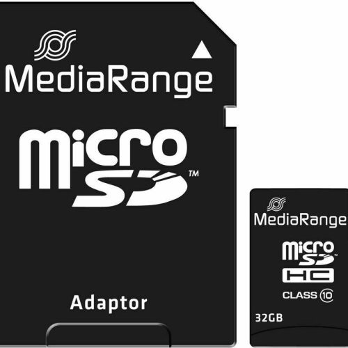 MediaRange microSD adapter with a 32GB MicroSDHC Class 10 card beside it, on a black background, front view