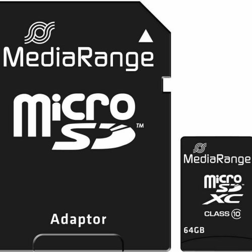 Black MediaRange microSD adapter and a 64GB microSDXC card with prominent branding and 'Adapter' label on the larger card.