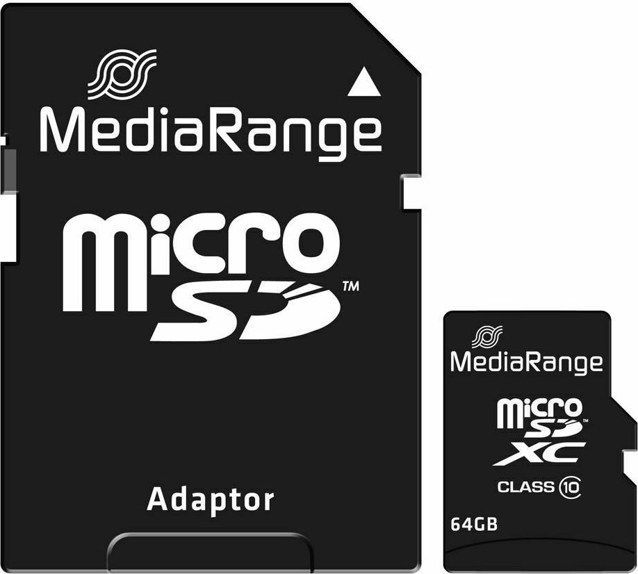 20211105121640_mediarange_microsdxc_64gb_class_10_with_adapter | Kounio.gr Black MediaRange microSD adapter and a 64GB microSDXC card with prominent branding and 'Adapter' label on the larger card.
