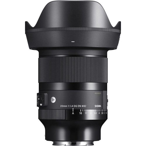 Sigma 20mm f/1.4 DG DN lens with a petal hood, shown in a front-side view for mirrorless cameras