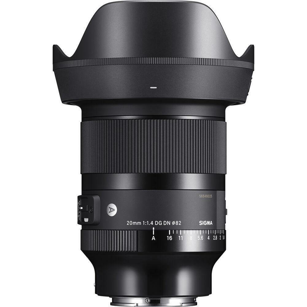Sigma 20mm f/1.4 DG DN lens with a petal hood, shown in a front-side view for mirrorless cameras