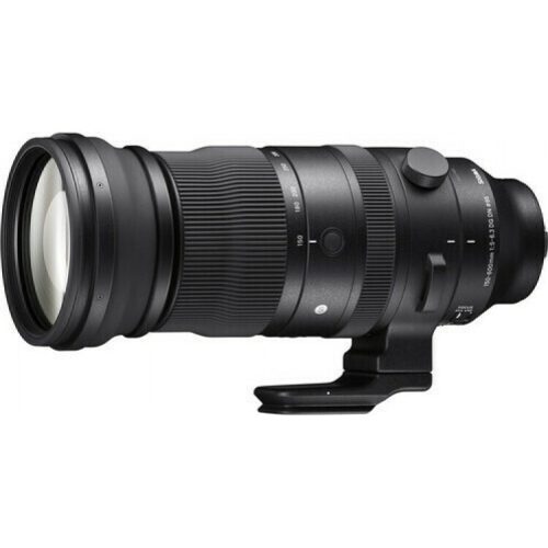 Side view of a black telephoto camera lens with an integrated tripod collar and foot attached. The lens is shown alone, horizontally oriented.