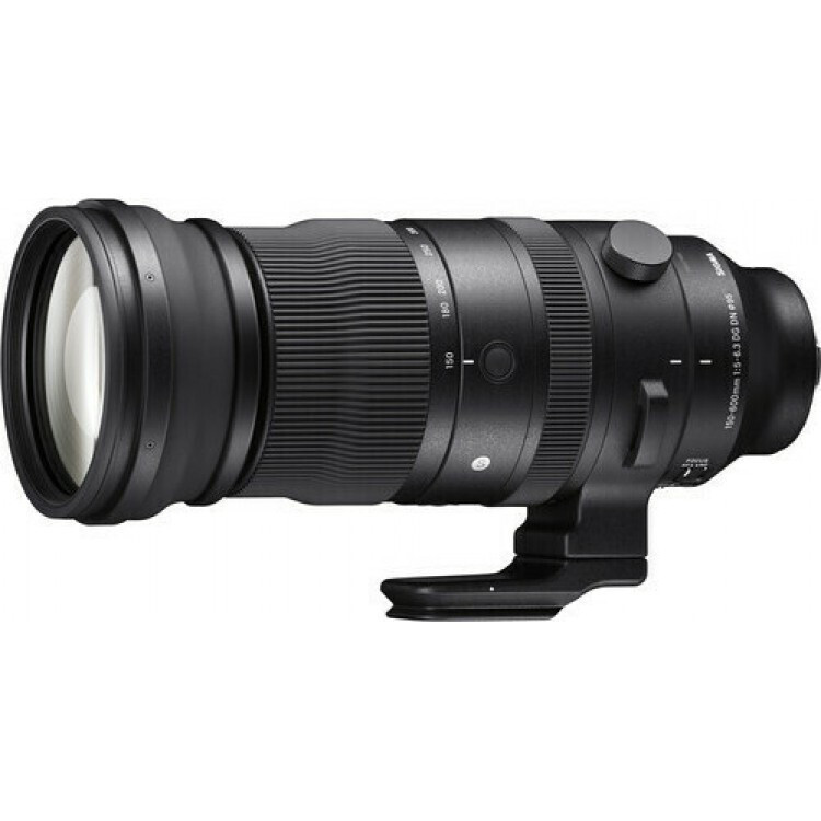 Side view of a black telephoto camera lens with an integrated tripod collar and foot attached. The lens is shown alone, horizontally oriented.