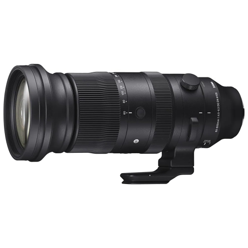Sigma 60-600mm telephoto camera lens with tripod foot, black with textured zoom rings facing left.