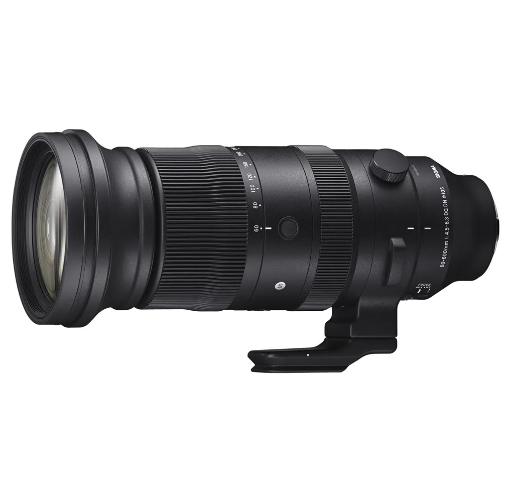 Sigma 60-600mm telephoto camera lens with tripod foot, black with textured zoom rings facing left.
