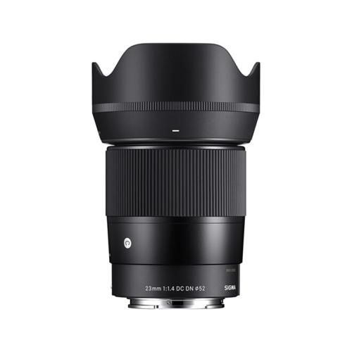 Sigma 23mm f/1.4 DC DN lens with petal hood mounted, black zoom focus ring details visible