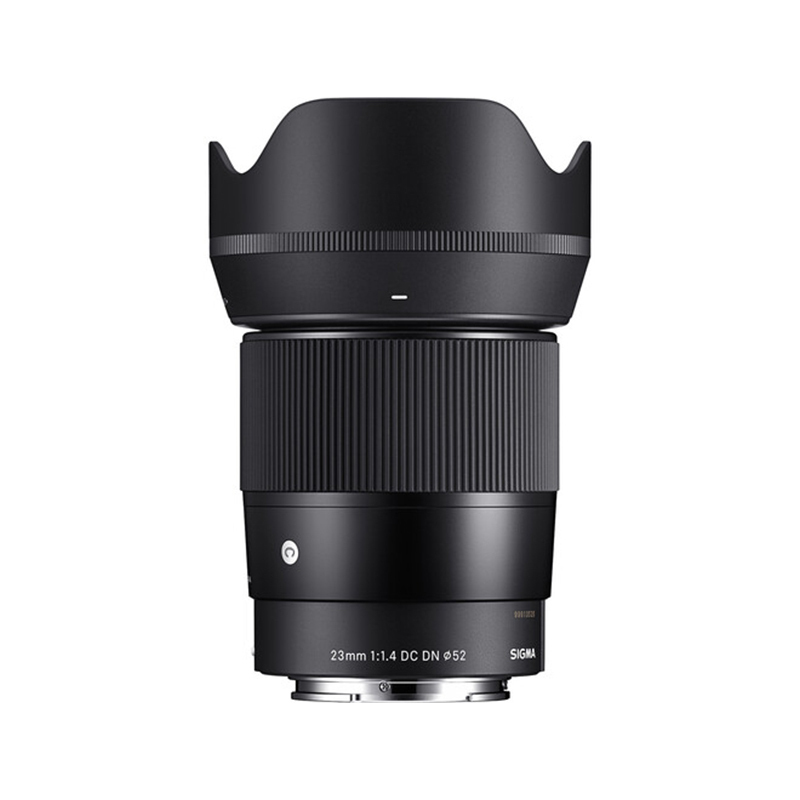Sigma 23mm f/1.4 DC DN lens with petal hood mounted, black zoom focus ring details visible