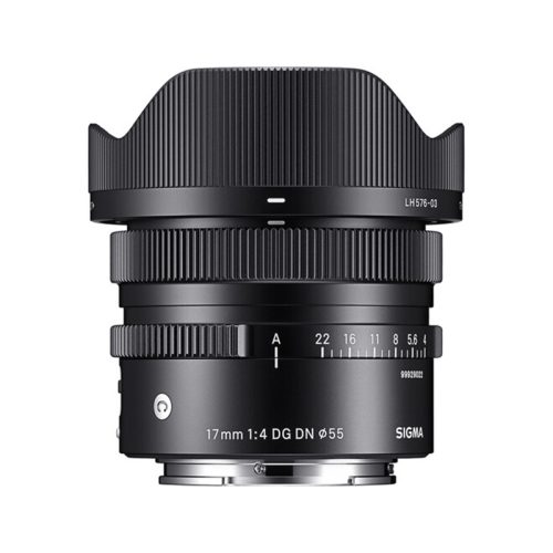 Sigma 17mm f/4 DG DN lens with hood viewed from the side, for mirrorless cameras