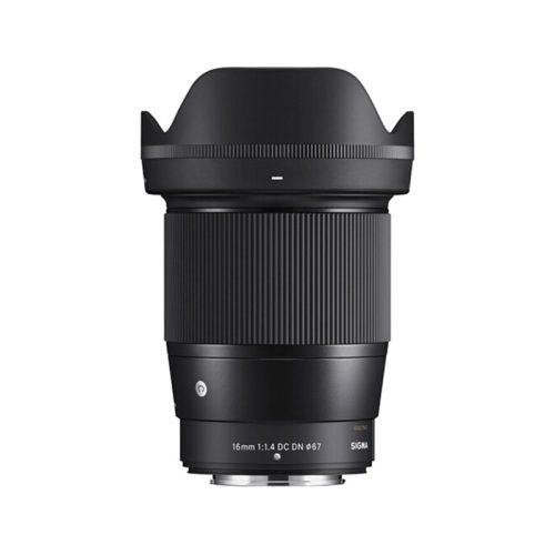 Sigma 16mm f/1.4 DC DN camera lens with hood, shown in a side view on a white background.