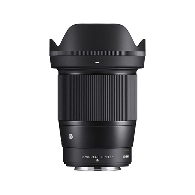 Sigma 16mm f/1.4 DC DN camera lens with hood, shown in a side view on a white background.