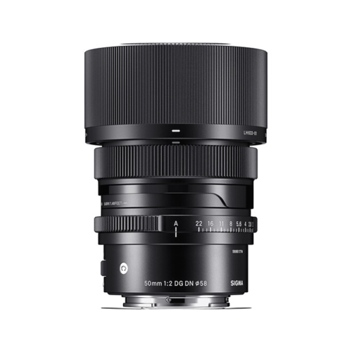 Sigma 50mm f/2 DG DN lens with 58mm filter size, shown in a vertical profile (product shot).