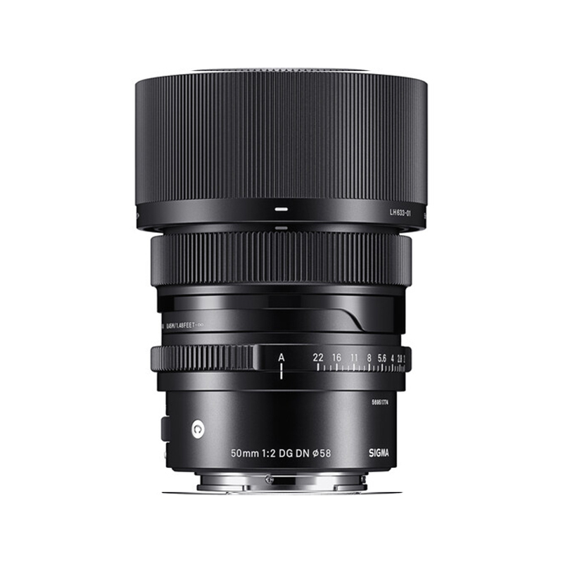 Sigma 50mm f/2 DG DN lens with 58mm filter size, shown in a vertical profile (product shot).