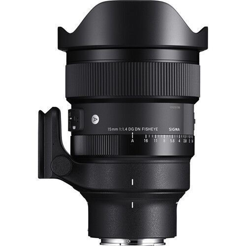 Sigma 15mm f/1.4 DG DN FISHEYE wide-angle camera lens with lens hood attached