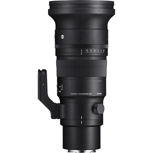 Telephoto camera lens with a built-in tripod collar, shown in black with adjustable rings and focus/zoom markings visible