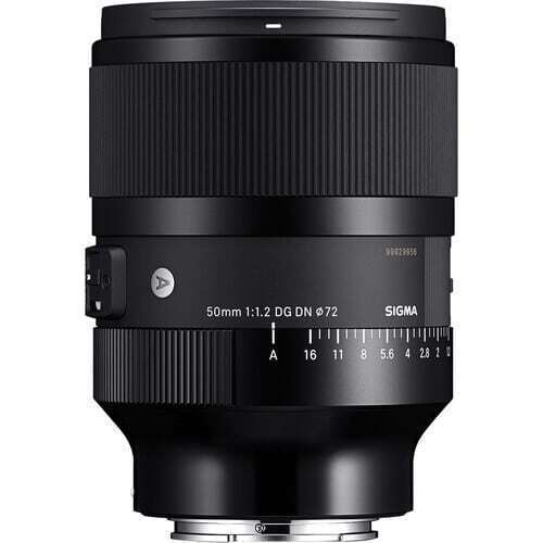 Sigma 50mm f/1.2 DG DN lens shown from side with focus distances and aperture ring markings visible