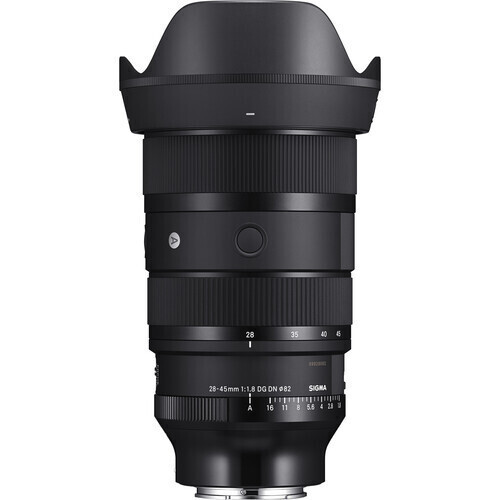 Black Sigma camera lens with a petal hood and a 28-45mm zoom range