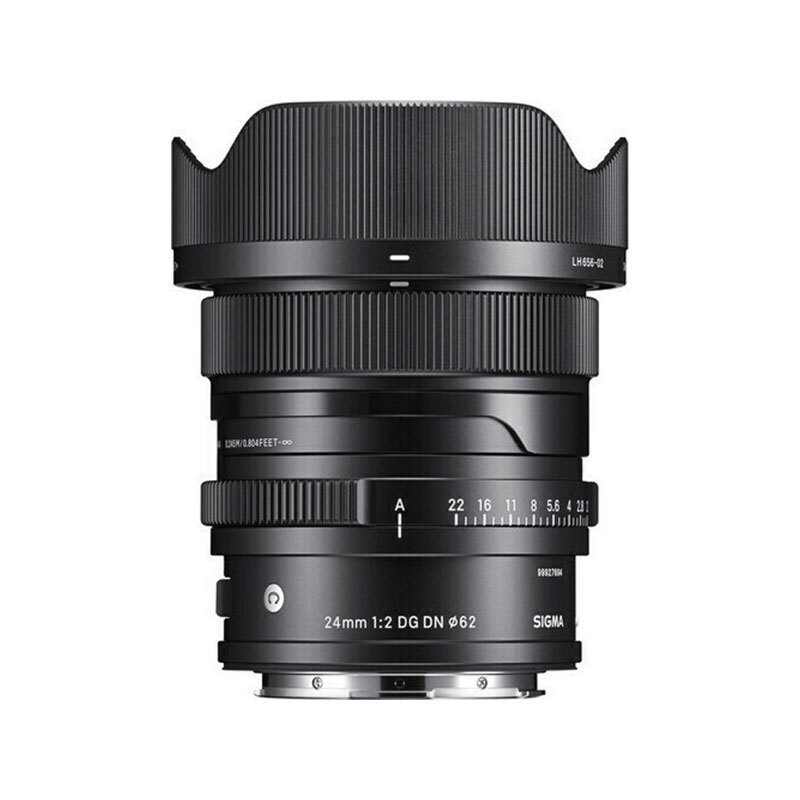 Sigma 24mm f/2 DG DN camera lens with hood, black, front view showing control rings and markings