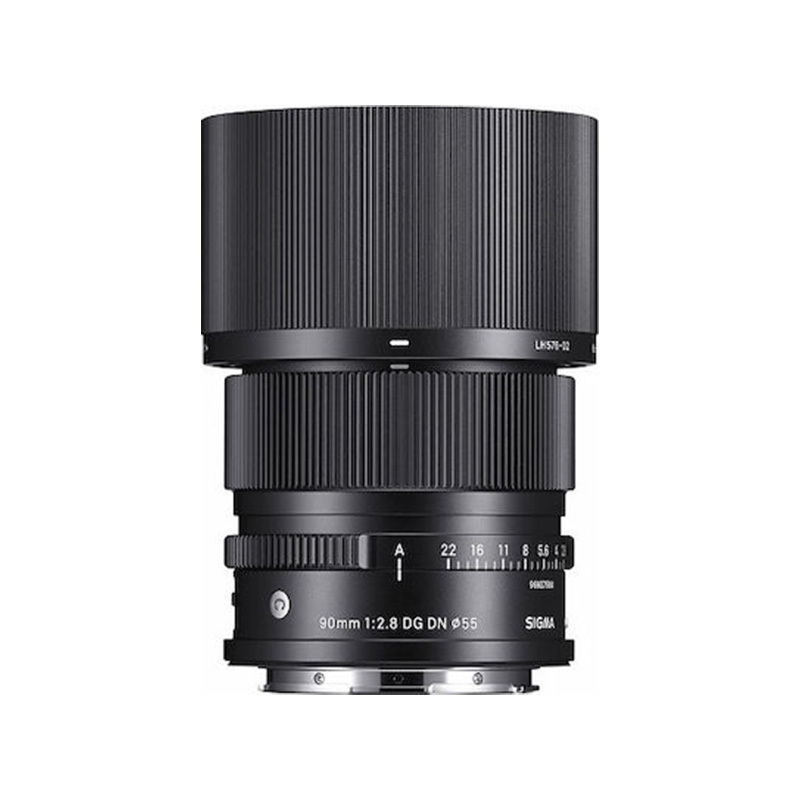 Sigma 90mm f/2.8 DG DN lens for mirrorless cameras, front view showing ribbed focus and zoom rings with a metal mount at the base (Ø55).