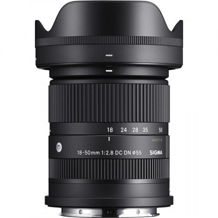Sigma 18-50mm f/2.8 DC DN lens with lens hood, front view