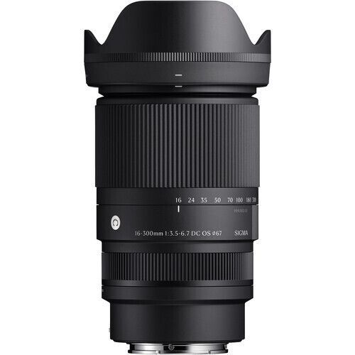 Sigma 16-300mm f/3.5-6.7 DC OS lens with hood attached, photographed front-on