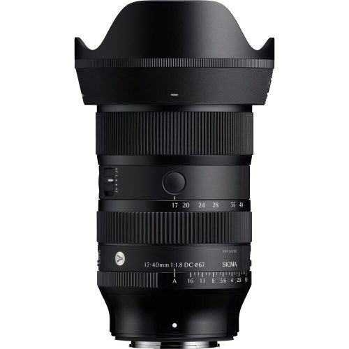 Sigma 17-40mm f/1.8 DC lens with lens hood attached on a black camera lens body