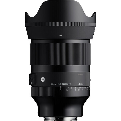 Large black camera lens with hood attached, Sigma brand, 35mm f/1.2 DG lens on a mount