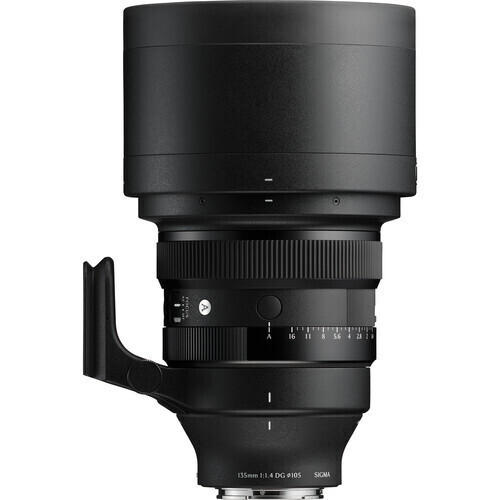 Sigma 135mm f/1.4 DG HSM telephoto camera lens with lens hood and tripod collar attached