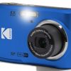 Blue Kodak compact camera with a 4x wide-angle lens and built-in flash showing on the front edge.