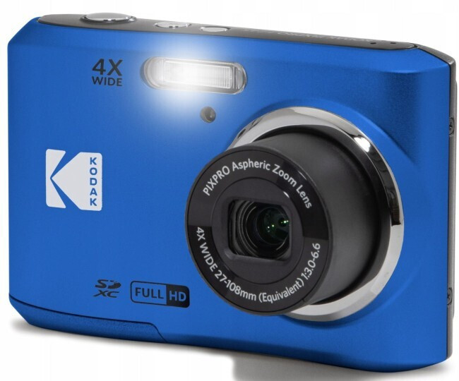 Blue Kodak compact camera with a 4x wide-angle lens and built-in flash showing on the front edge.