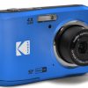 Blue Kodak compact camera with 4x wide lens and built-in flash, angled to the right.