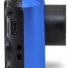 Blue action camera shown from the side with USB and HDMI ports visible on the black panel side edge, front-facing lens not visible in this view.