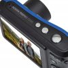 Kodak PIXPRO E245 compact digital camera with blue trim and a fold-out screen displaying two hikers in a landscape photo