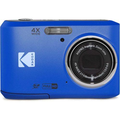 Front view of a blue Kodak compact camera with a 4x wide zoom lens facing the viewer, built-in flash above the lens.