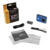Kodak PIXPRO FZ45 camera with accessories: batteries, charging cable, strap, manuals, and warranty card shown beside the box and blue camera.