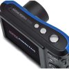 Close-up of a Kodak PIXPRO FZ45 digital camera top panel with a blue edge, showing the power button and two function buttons, and the LCD screen on the back.