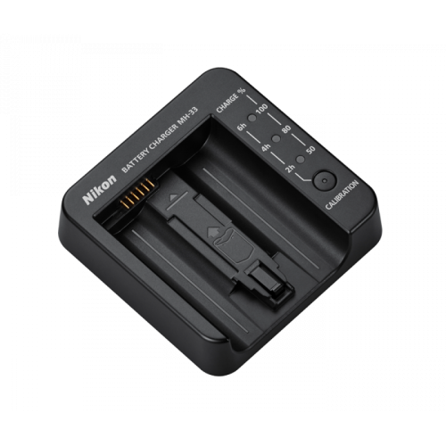 Nikon battery charger with a two-slot dock and charging status markings on the side