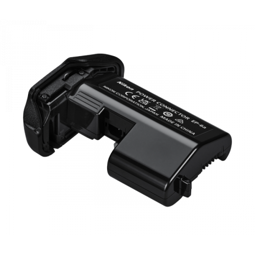 Nikon EP-6 power connector external battery adapter, black plastic with label, shown at an angle