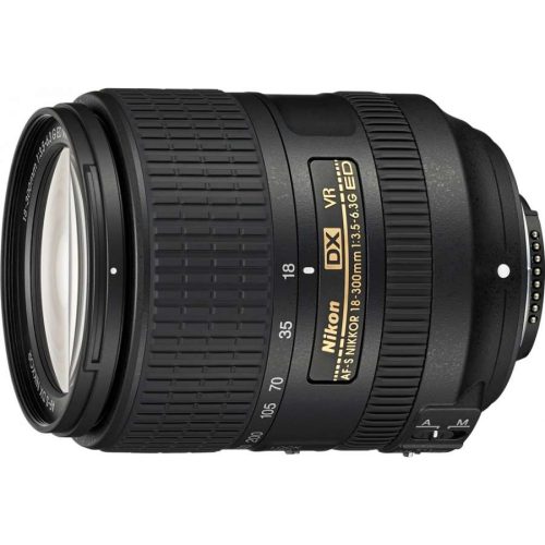 Nikon 18-300mm f/3.5-5.6G ED VR zoom lens, side view on white background