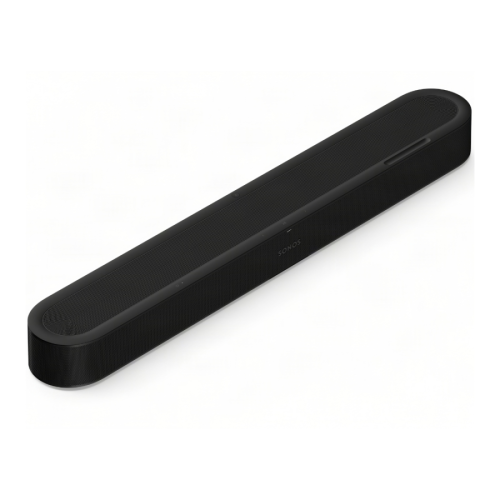 Black elongated wireless speaker (Sonos) with a fabric grille and touch controls along the top, resting on a white background