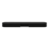 Front view of a long black soundbar resting on a white background.