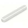White wireless soundbar with rounded ends and a gray mesh grille.