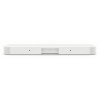 White slim soundbar viewed from the front with a central recess and small green power indicator light on the center panel.
