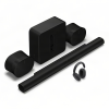 Black home theater audio set with a subwoofer, two satellite speakers, a tube-shaped soundbar, and wireless headphones on a white background.