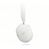 White Sony over-ear wireless headphones hanging from a slim white headband against a light background.