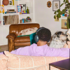 Person with over-ear headphones lounging on a pink sofa, facing a small scruffy dog in a cozy living room.