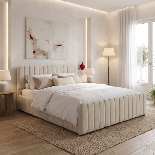 Κρεβάτι Myrelia pakoworld ύφασμα γκρι μπεζ 150x200εκ