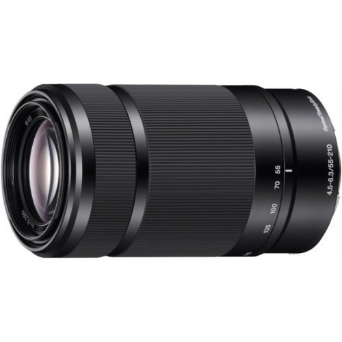 Telephoto zoom camera lens with textured grip, marked 45-210mm and Optical SteadyShot (OSS) text visible on the barrel